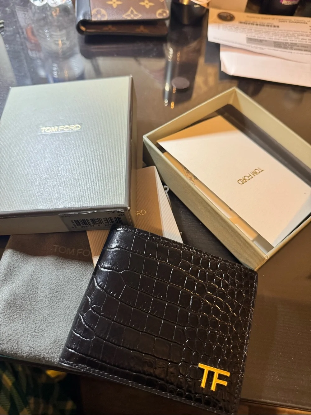 Tom Ford Black Croc-Effect Leather Card Holder with Gold TF Logo